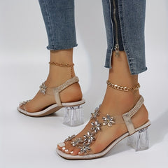 Women's Chunky Heel Sandals Rhinestone Square Toe Mid Heels Slip On Sandals