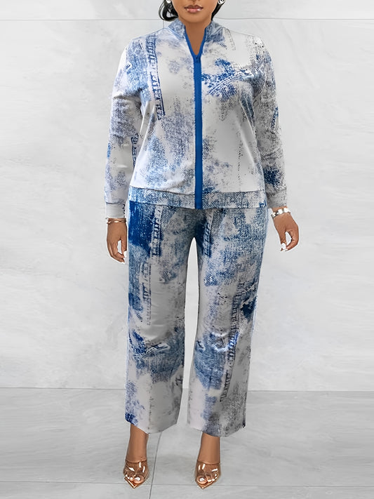  Tie Dye Zipper Jacket & Wide Leg Pants Set