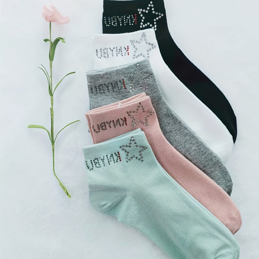 Star & Letter Rhinestone Crew Socks for Women