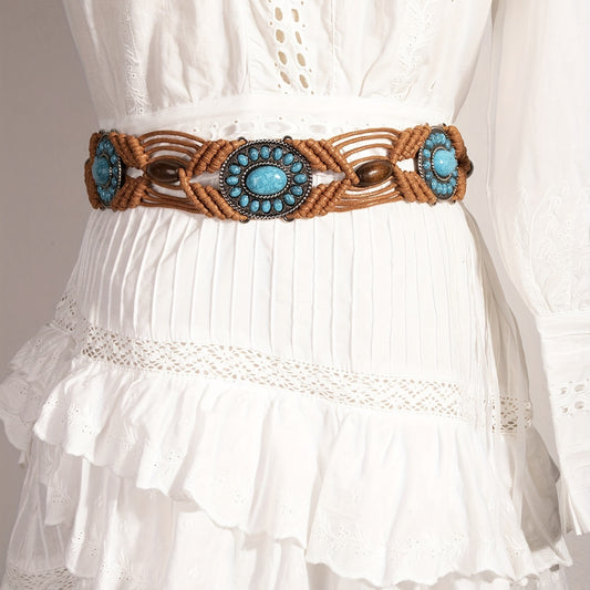 Turquoise Inlaid Braided Belt Boho Hollow Wax Rope Waistband Vintage Dress