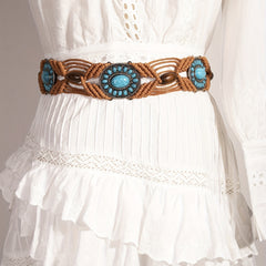 Turquoise Inlaid Braided Belt Boho Hollow Wax Rope Waistband Vintage Dress