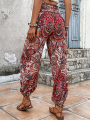 Paisley Print Smocked Waist Joggers Boho Fitted Bottom Pants