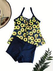  Sunflower Mesh Tie Front Cami Top & Boyshorts Swimsuit