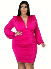  Women's Lantern Sleeve V-Neck Ruched Midi Dress