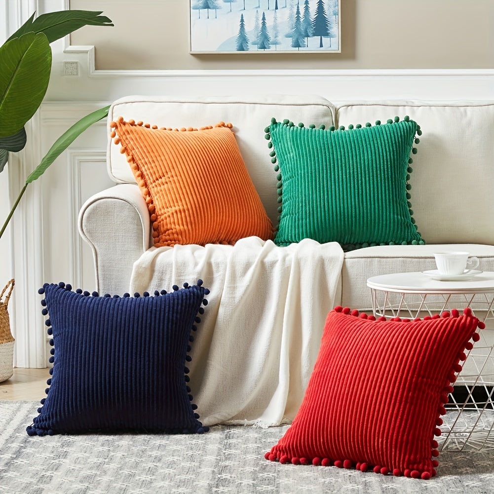 Boho Decorative Throw Pillow Covers with Pom poms Corduroy Cushion Case Set