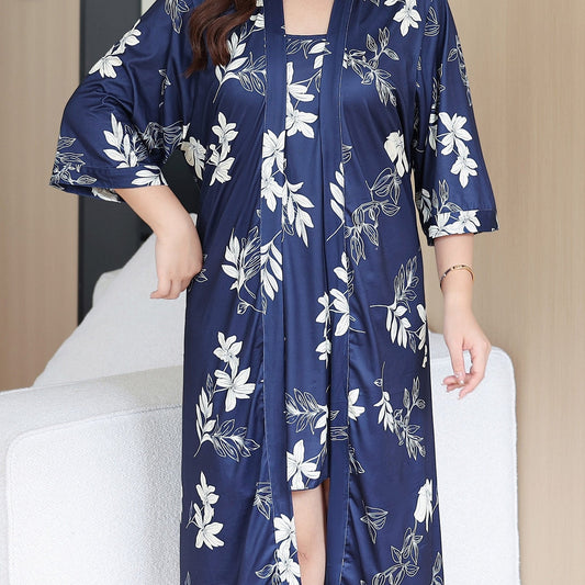Women's Plus Size Floral Print Bathrobe Set