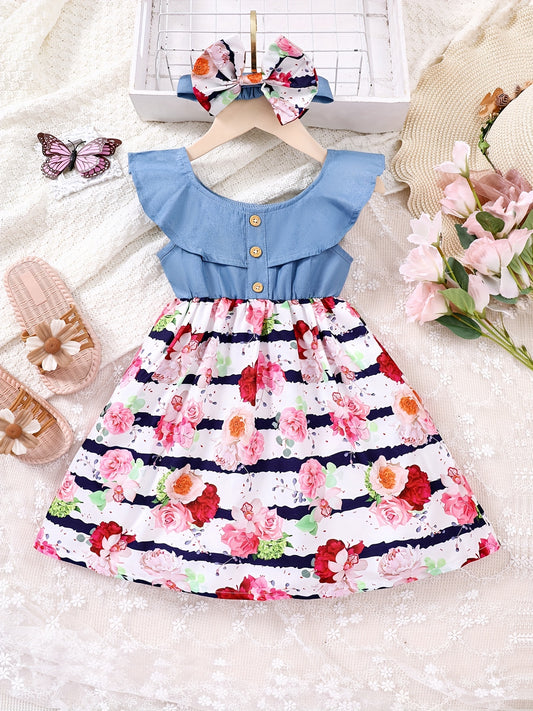 Girls Sleeveless Ruffles Crew Neck Button Floral Princess Dress