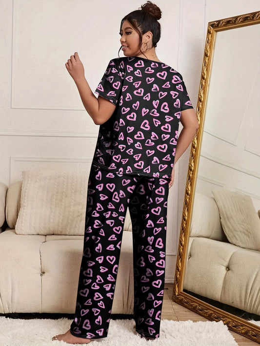  Heart Print Pajama Set Short Sleeve Top & Pants Two Piece