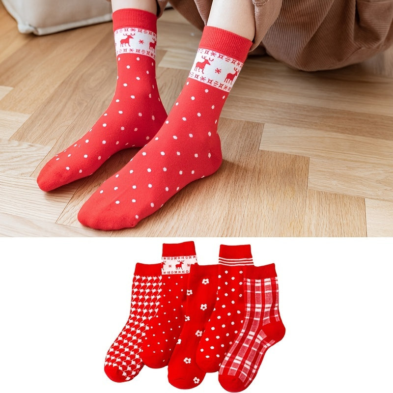 5 Pairs Christmas Socks Pack Mixed Pattern Red Serie Women's Stockings