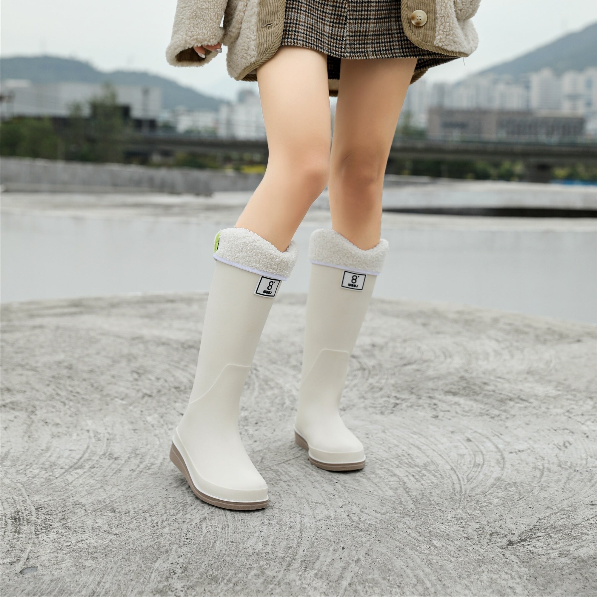 Women's Fleece Liner Slip-on Rain Boots Waterproof High Boots