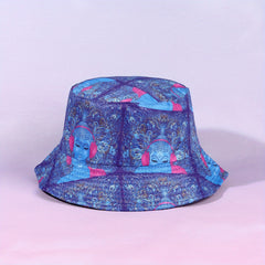 Purple Bucket Hat Buddha Lotus Mushroom Owl Print Basin Hat Halloween Anime Fish