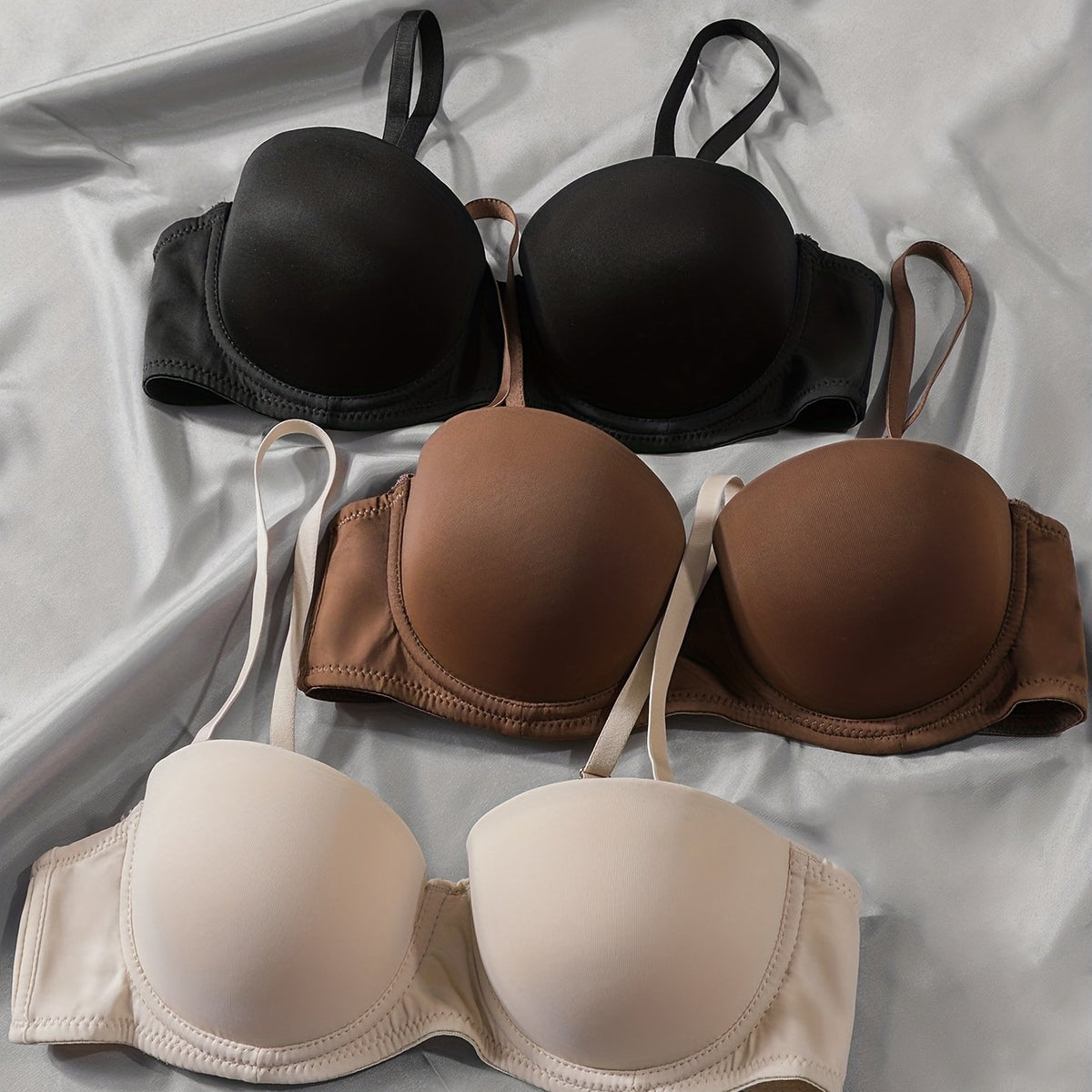 3pcs Solid T Shirt Bras Push Up Bra Women's Lingerie