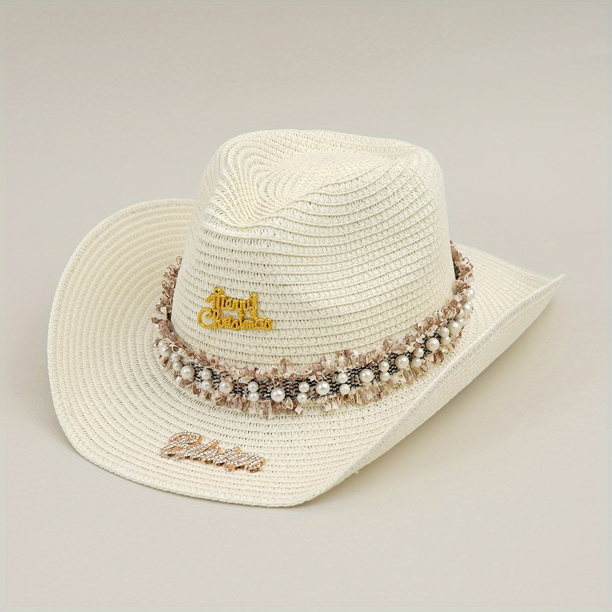 Rhinestone Bride Cowboy Hat Faux Pearl Lace Hatband Decor Straw Jazz Hat