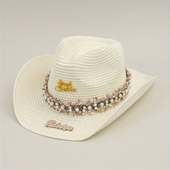 Rhinestone Bride Cowboy Hat Faux Pearl Lace Hatband Decor Straw Jazz Hat