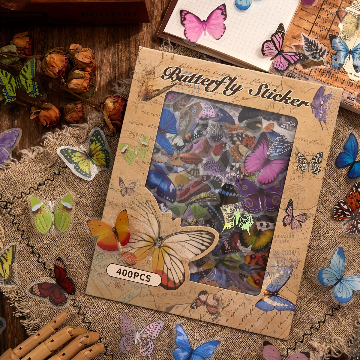 400pcs Holographic Butterfly Sticker Glitter Waterproof PET Scrapbook