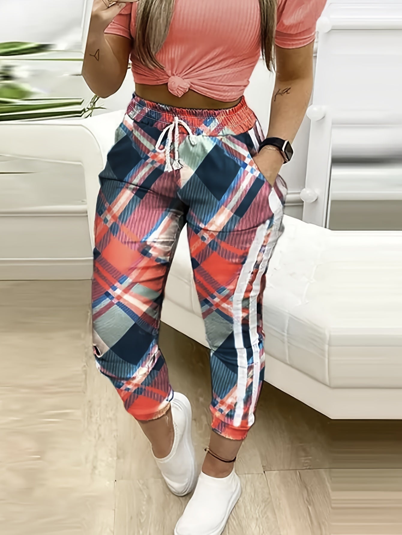  Plaid Print High Rise Drawstring Pants
