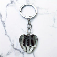 Piano Keys Music Notes Key Chain Heart Shaped Glass Gem Pendant Keyring