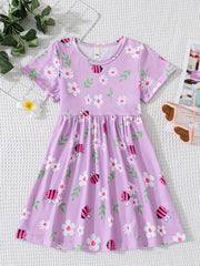 Girls' Bee And Floral Graphic Short Sleeve Skater Dress