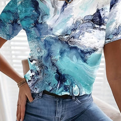 Marble Print Round Neck Casual T-shirt