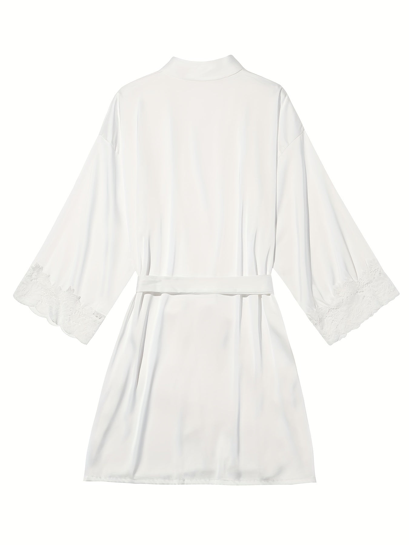 Satin Lounge Robe with Lace Trim V-Neck Long Sleeve Belted Women's Loungewear