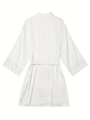 Satin Lounge Robe with Lace Trim V-Neck Long Sleeve Belted Women's Loungewear