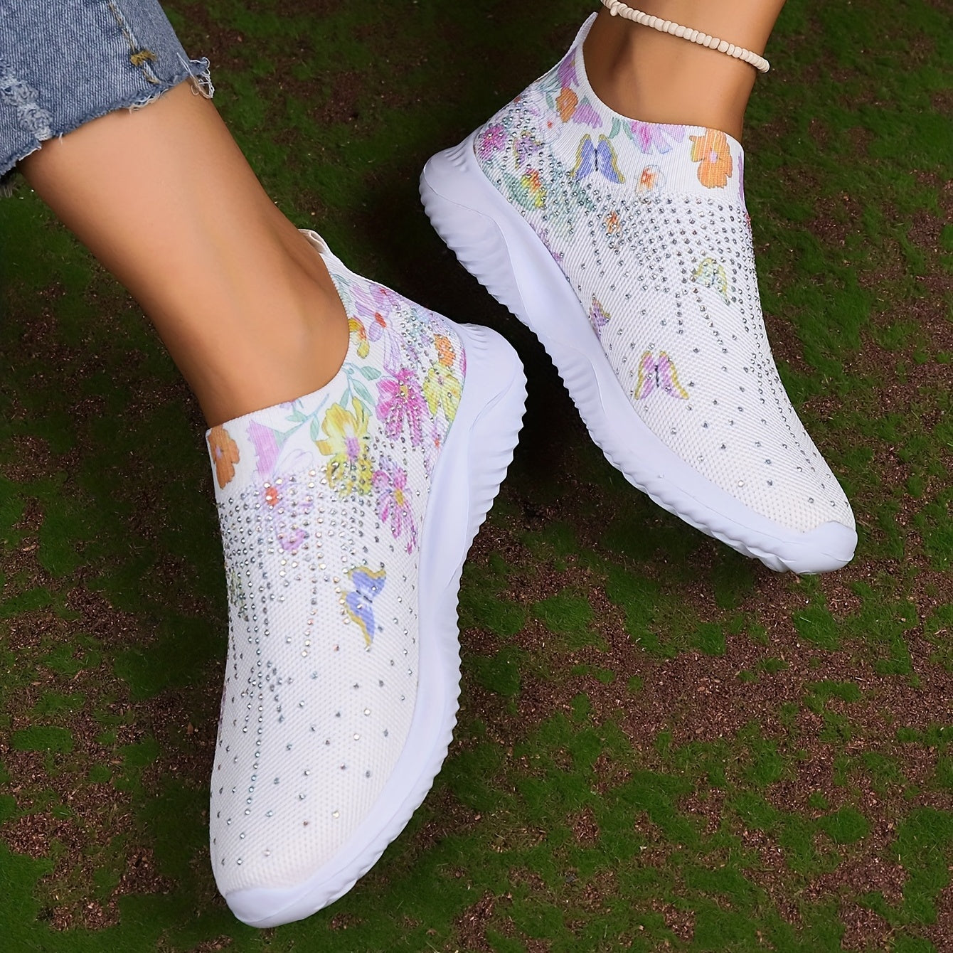 Floral Butterfly Pattern Sneakers Low Top Slip On Knit Sock Shoes