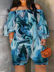  Marble Print Off Shoulder Long Sleeve Jumpsuit with Pockets
