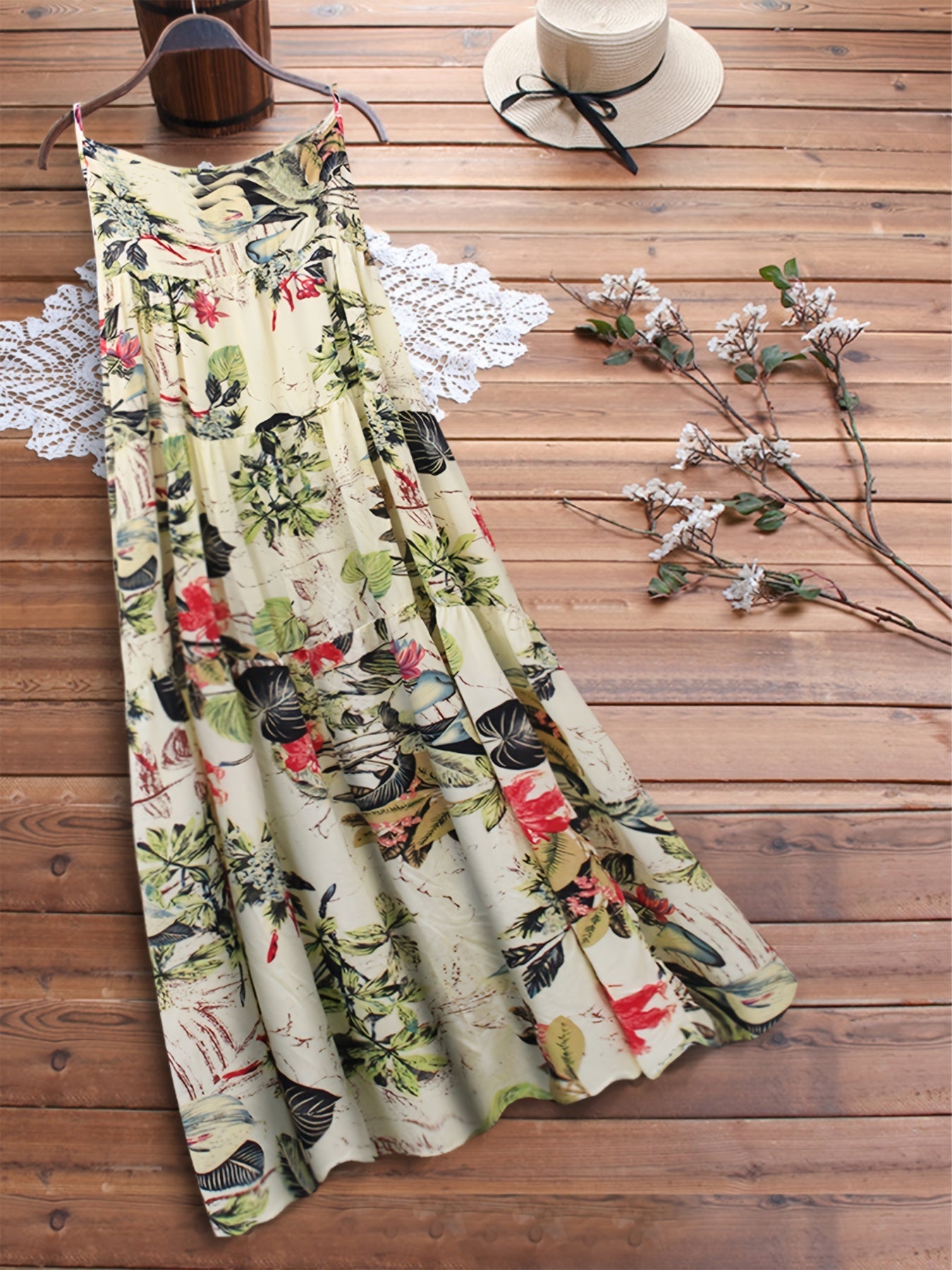  Leaf & Floral Print Maxi Cami Dress