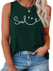  Smiling Face Print Tank Top - Round Neck Stretchy Casual Shirt
