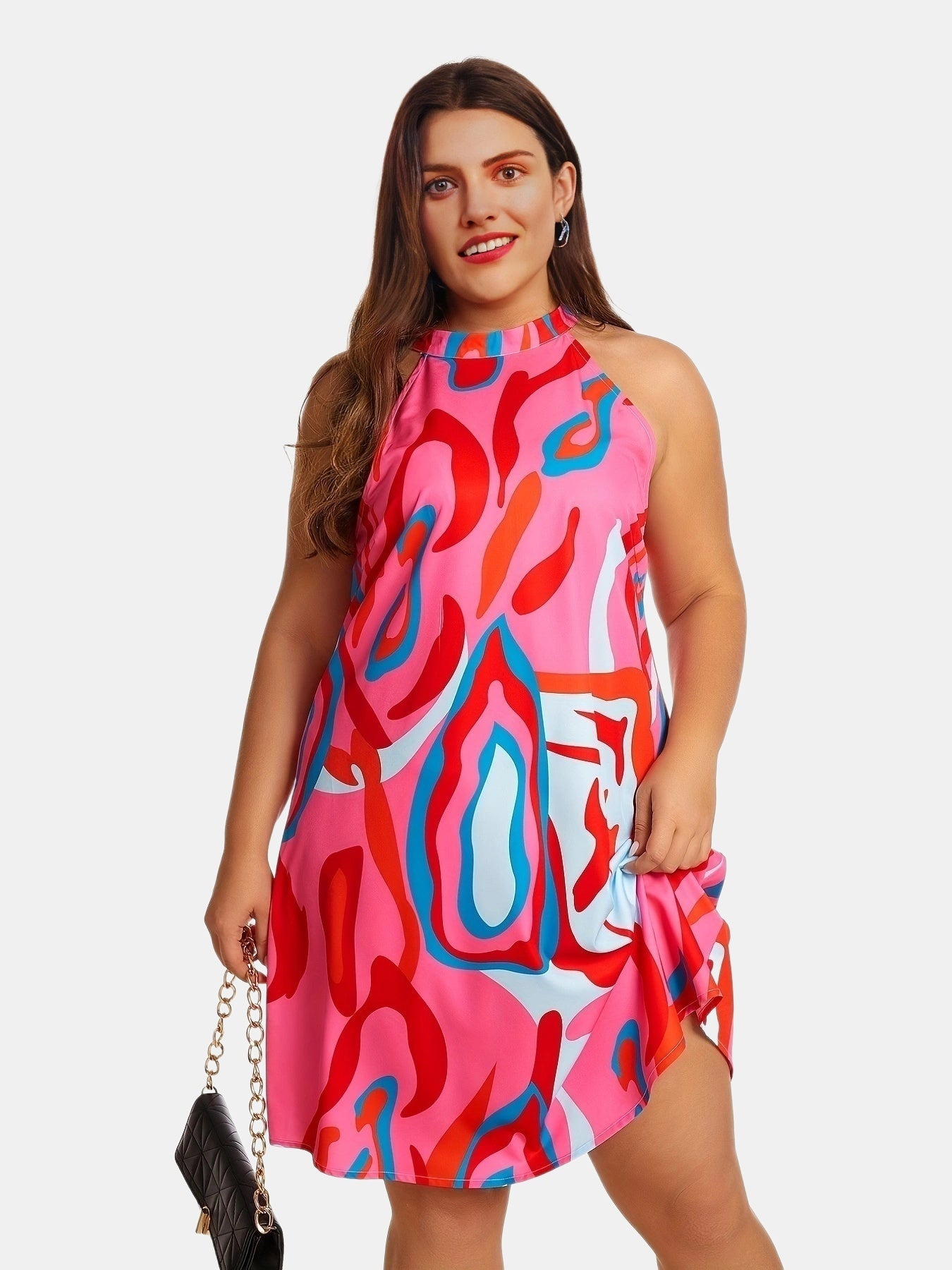  Casual Dress Women's Plus Random Print Halter Neck Keyhole Back Dress