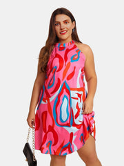  Casual Dress Women's Plus Random Print Halter Neck Keyhole Back Dress