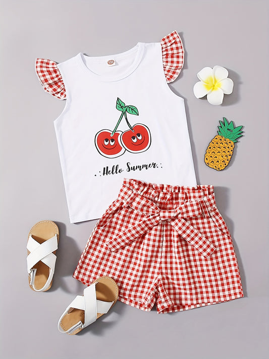 2pcs Toddler Girls Cherry Ruffle T Shirt & Plaid Shorts Set Kids Summer Clothes