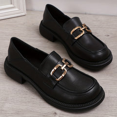 Metal Decor Chunky Heel Loafers Faux Leather Shoes