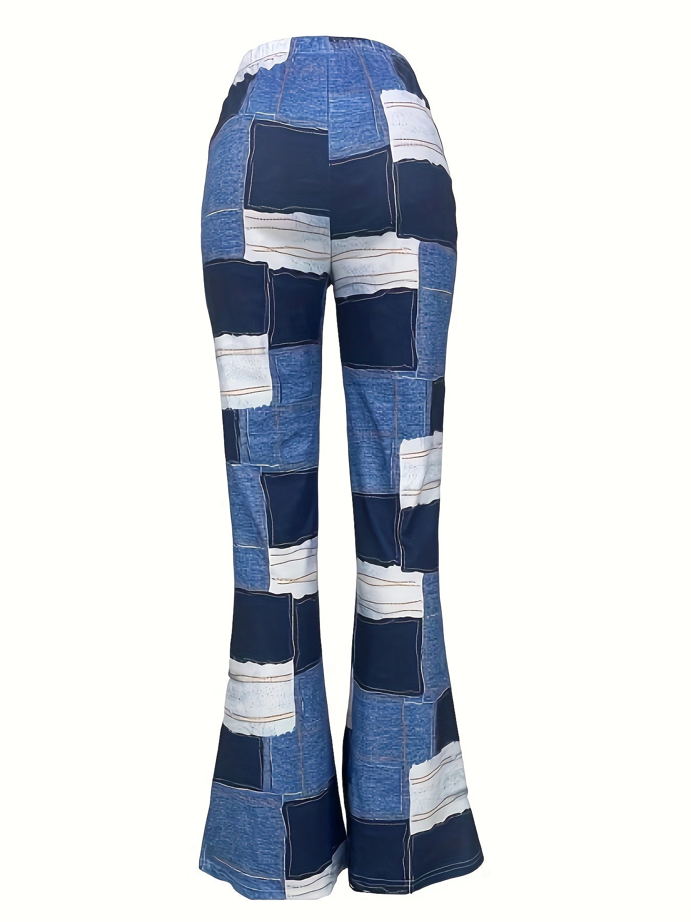  Denim Print High Waist Flared Leg Stretch Trousers