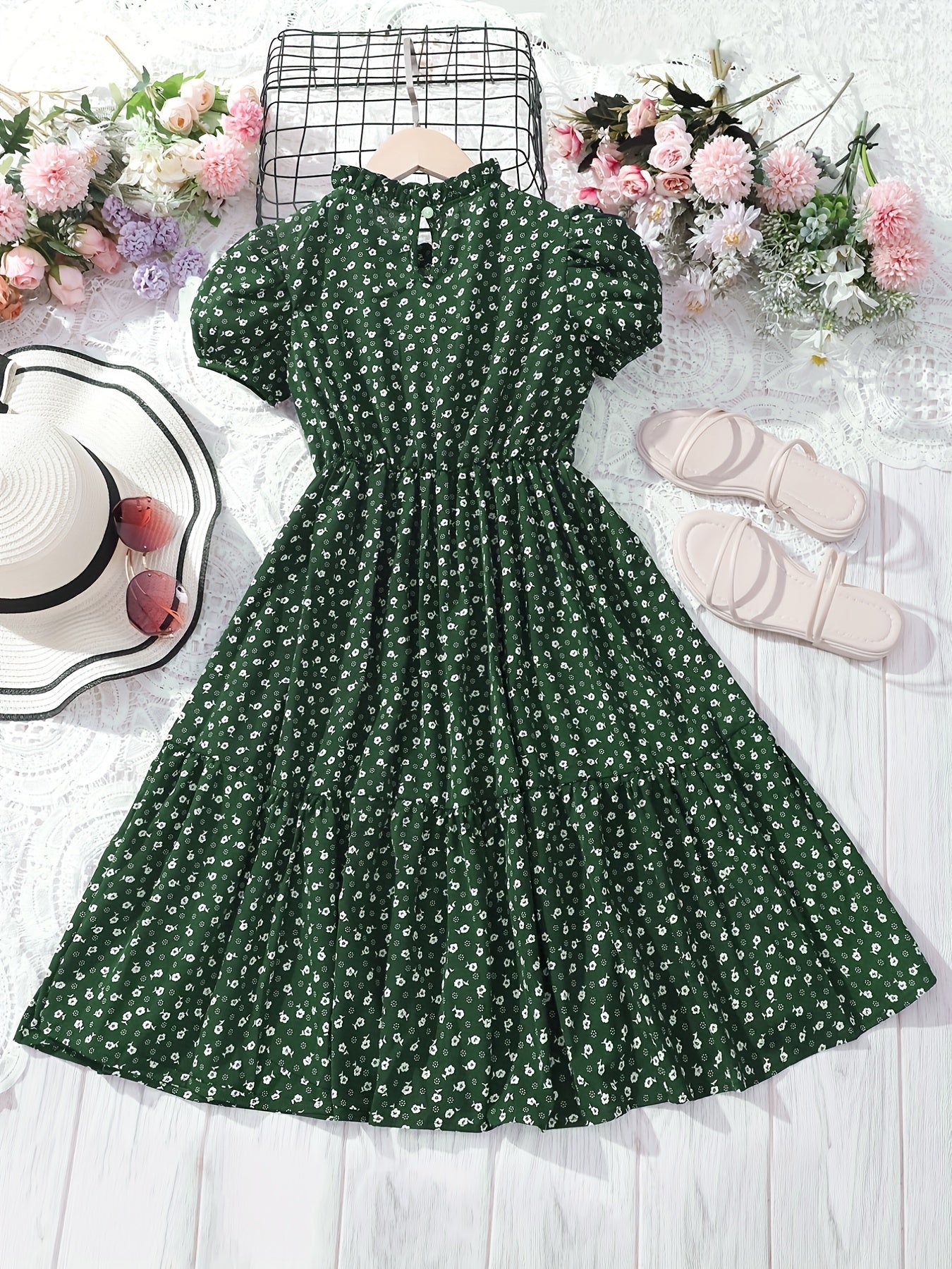 Big Girls Floral Polka Dot Casual Dress Frill Collar Short Sleejson