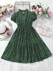 Big Girls Floral Polka Dot Casual Dress Frill Collar Short Sleejson