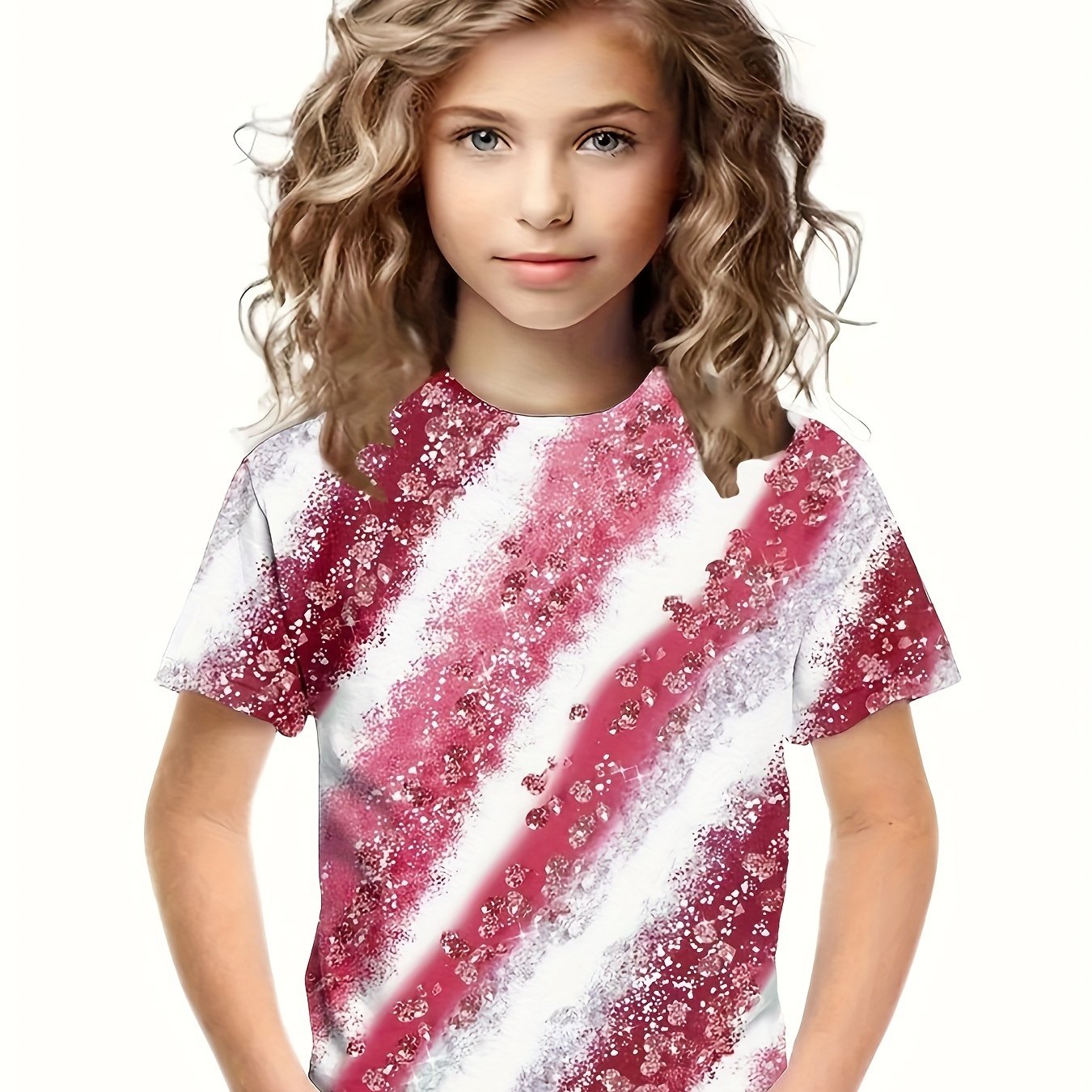 3D Stripped Short Sleeve T shirt Girls Comfy Pullover Tops Summer