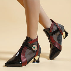 Rhinestone Mesh Ankle Boots French Heel Pointed Toe Sandals