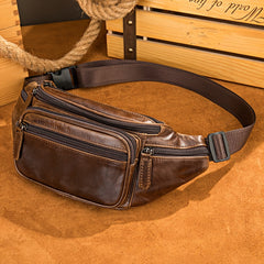 Men's Leather Fanny Pack Top Layer Cowhide Shoulder Bag for Sports Running