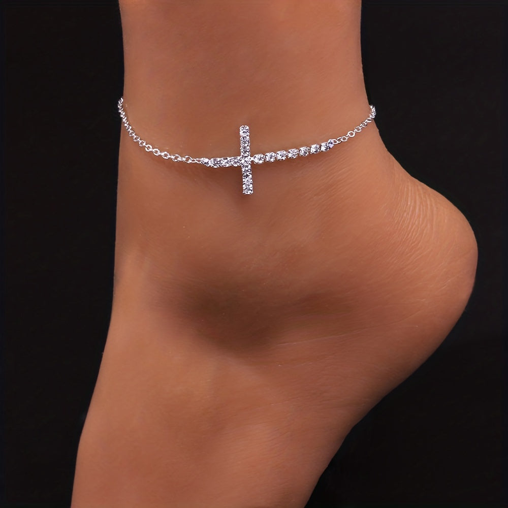 Rhinestone Cross Chain Anklet Dainty Ankle Bracelet