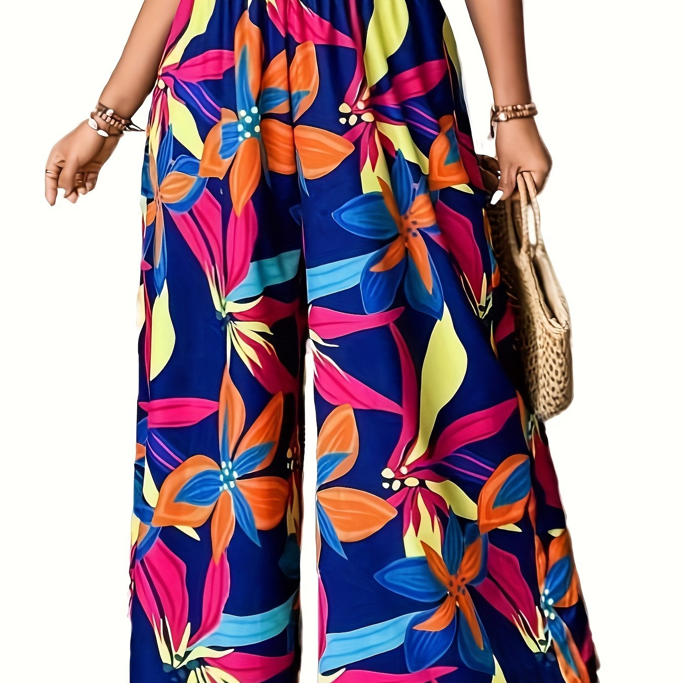 Plus Tropical Print High Rise Wide Leg Trousers
