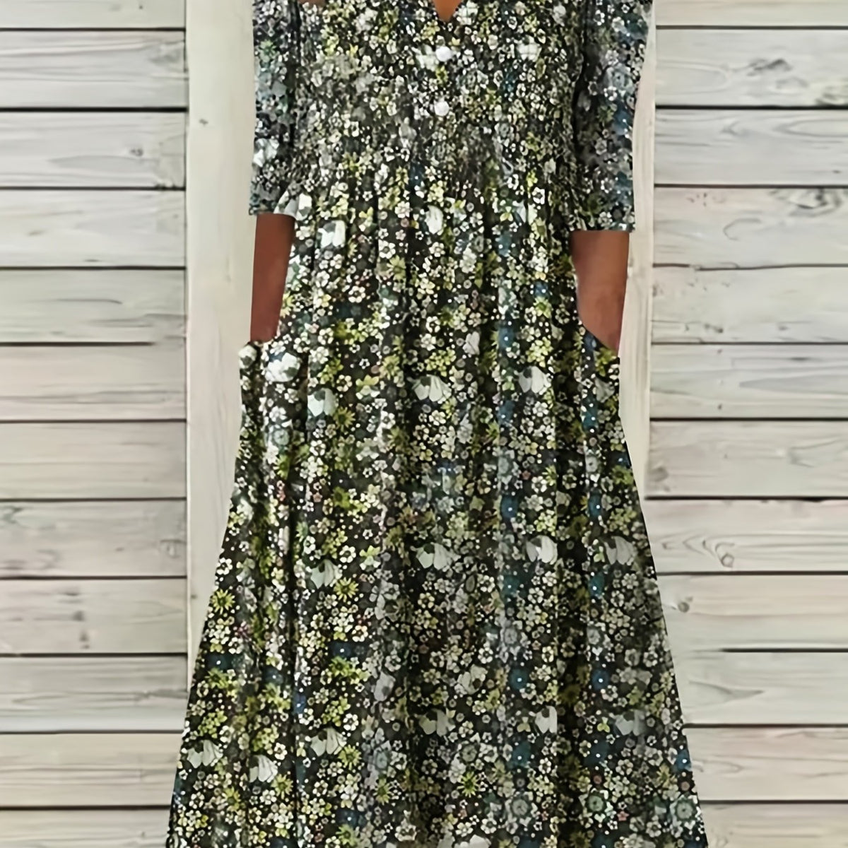 Floral Print V Neck Ruched Dress with Pockets