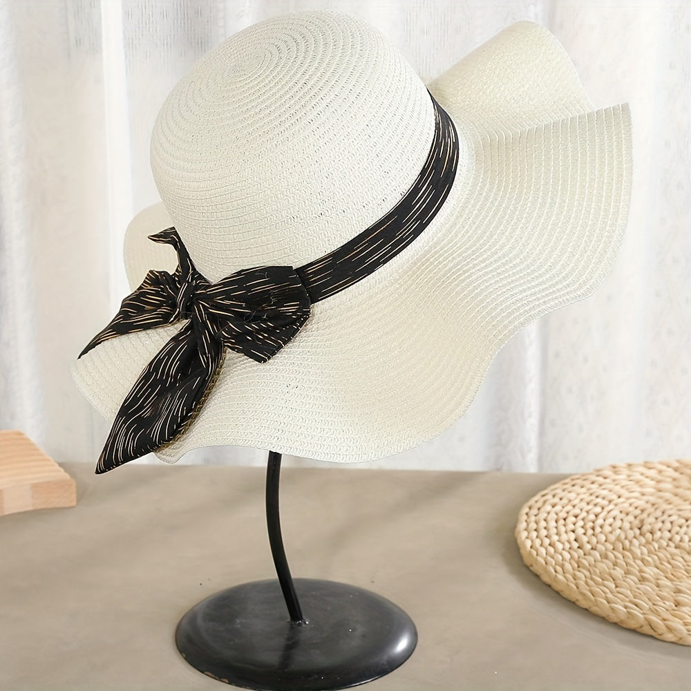 Boho Bow Ribbon Sunhat Wavy Edge Straw Hat Outdoor Sun Protection