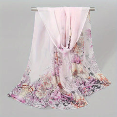 Peony Print Chiffon Scarf Gradient Silk Thin Shawl Hijab