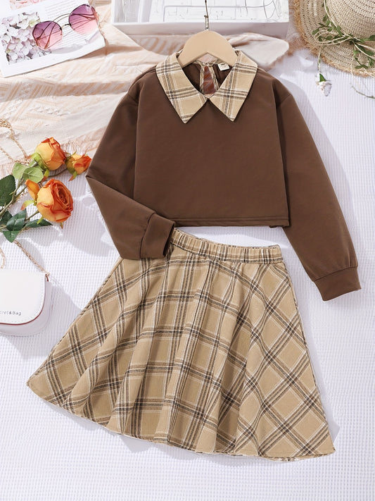 Girls Colorblock Plaid Sweatshirt Top Plaid Skirt Set