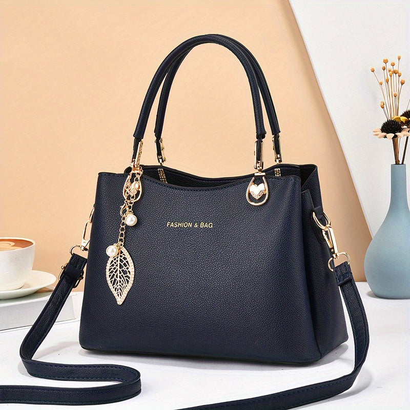 Classic Shoulder Handbag with Metal Leaf Pendant - Stylish and Spacious