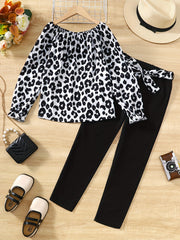 Girl's Leopard Print 2pcs Set Trumpet Sleeve Top & Pants Spring Fall