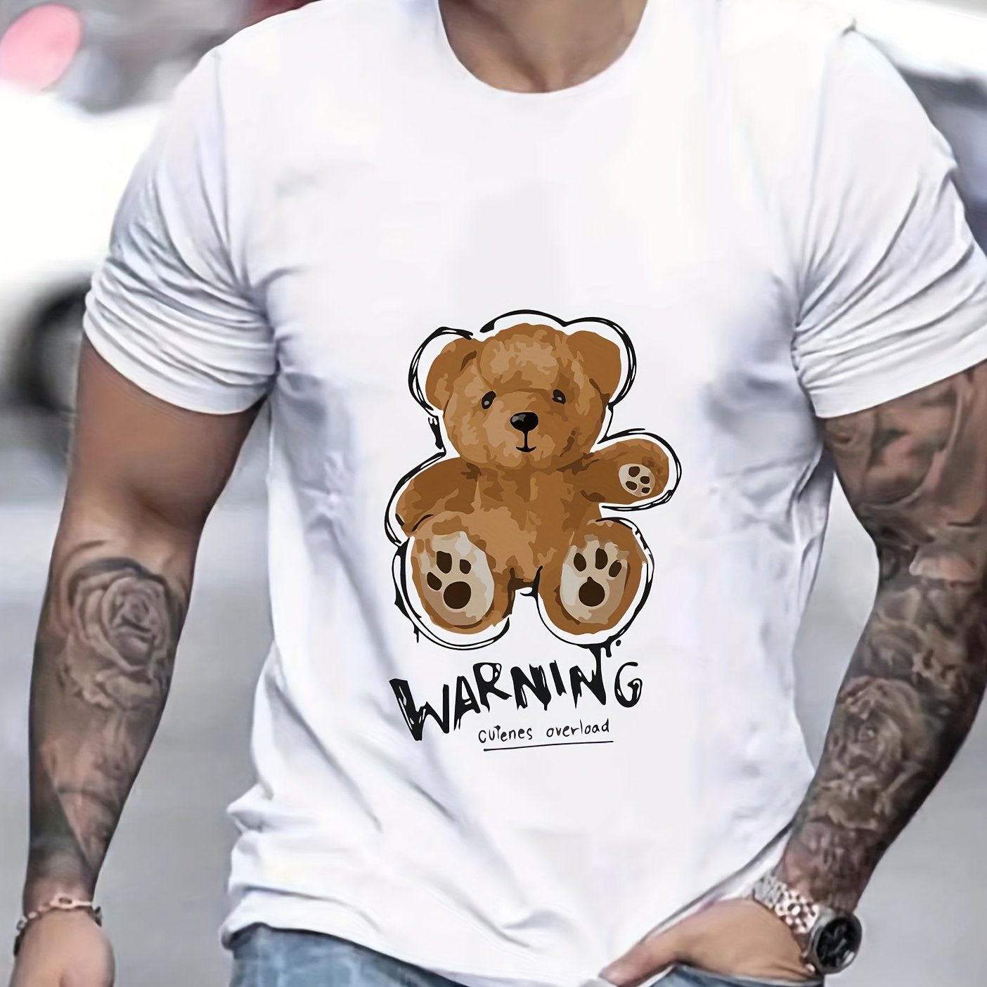 Teddy Bear Print Men's Graphic Crew Neck Tshirt for Summer Vacation