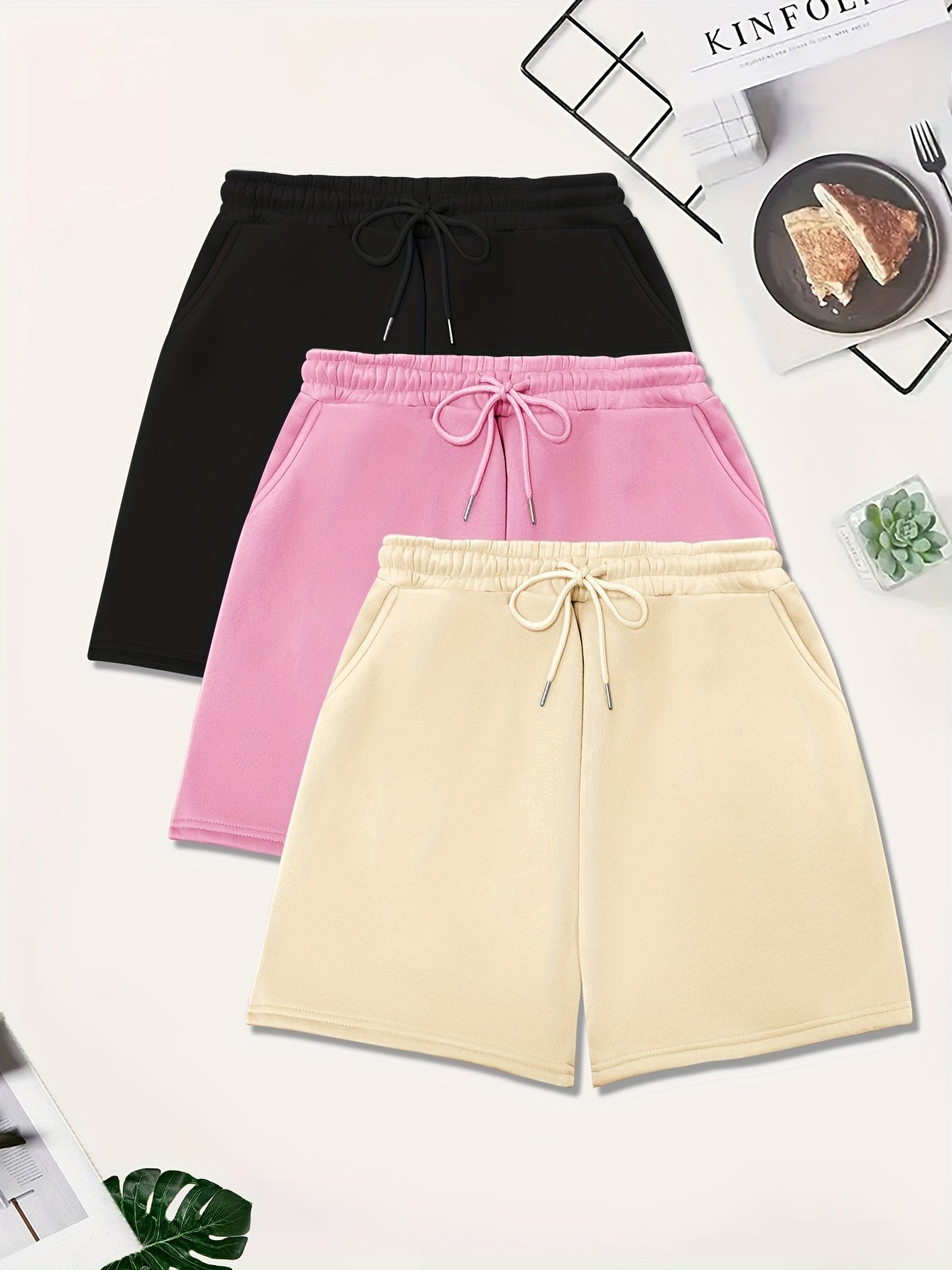 3-Pack Plus Size Casual Shorts Set Women's Plus Elastic Drawstring Fleece