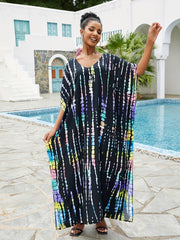  Boho Cover Up Tie Dye Striped V Neck Beach Cover Up Dress